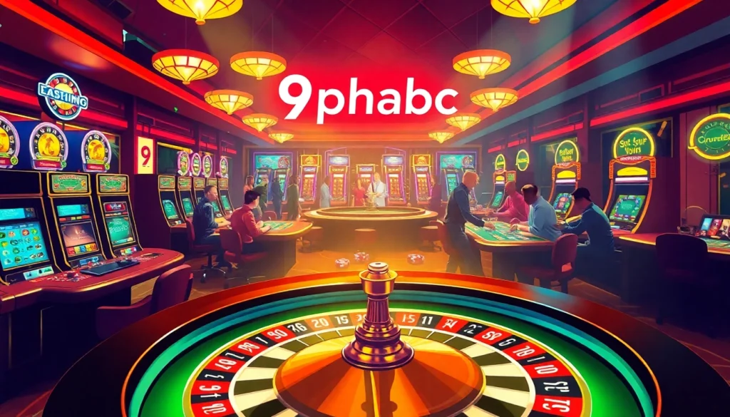 Experience the excitement of 9phabc at a vibrant casino with thrilling poker games, roulette wheels, and colorful slot machines.