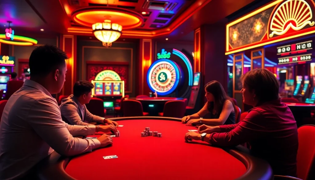 sn88 players enjoying an exciting poker game at a vibrant casino.