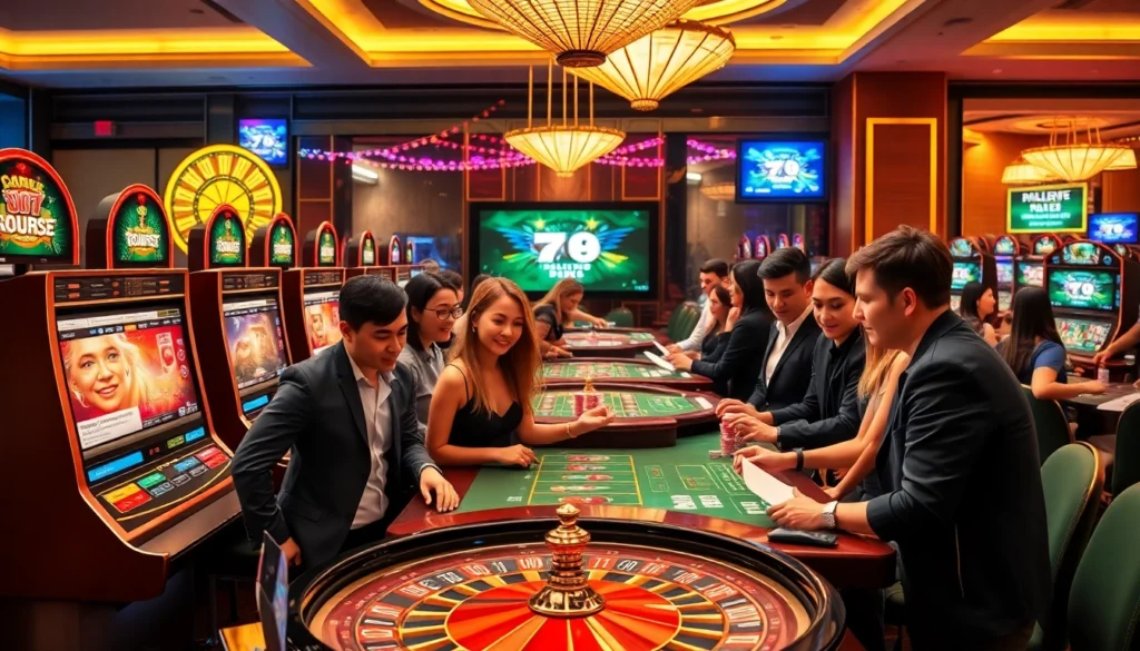 Players enjoying a thrilling gaming experience at UU88 online casino, surrounded by vibrant slot machines and exciting poker tables.