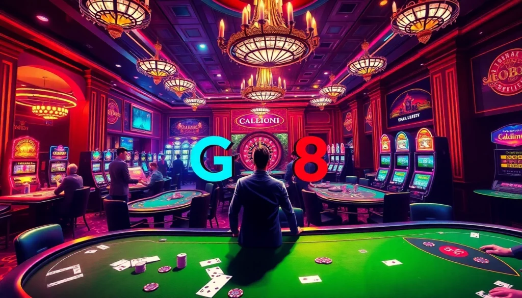 Go8 casino action with enthusiastic players at blackjack tables and exciting slot machines in a lively setting.