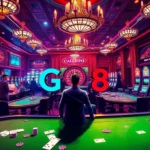 Go8 casino action with enthusiastic players at blackjack tables and exciting slot machines in a lively setting.