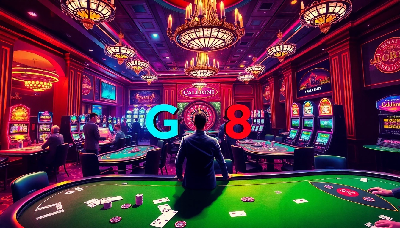 Go8 casino action with enthusiastic players at blackjack tables and exciting slot machines in a lively setting.