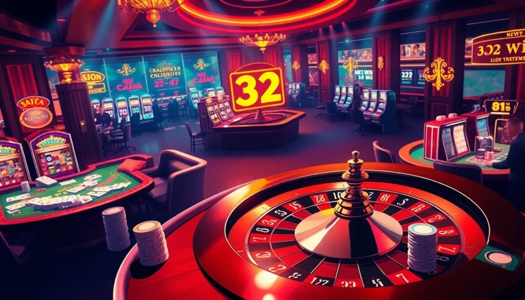 Experience high-stakes excitement with Nhà Cái 32win's vibrant casino atmosphere featuring roulette, poker, and slot machines.