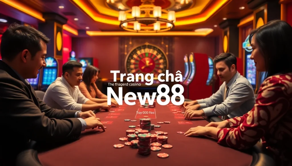 Experience the excitement at Trang chủ New88 with players engaging in thrilling casino games surrounded by vibrant slot machines and roulette.