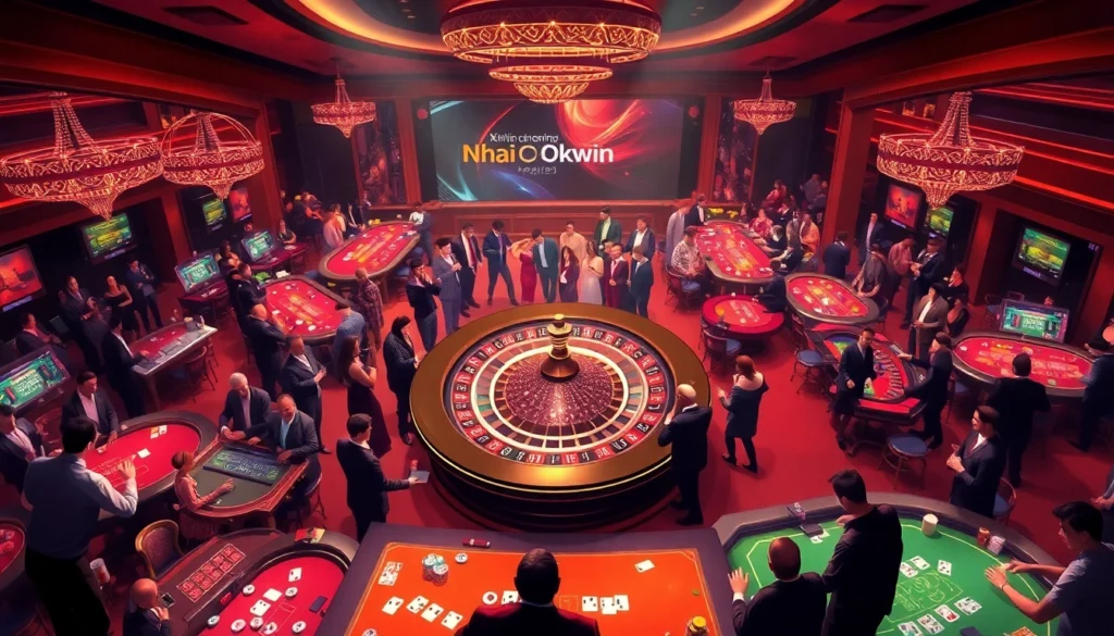 Gambling excitement at Nhà Cái Okwin's thrilling casino tables filled with players celebrating wins.