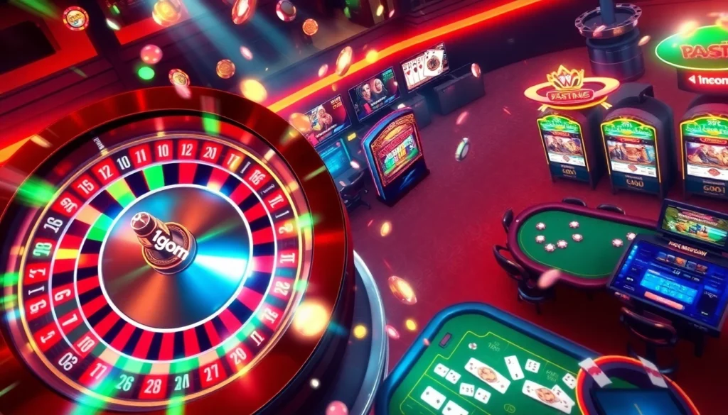 Exciting roulette wheel scene at a casino showcasing 1gom betting action with chips and vibrant lights.