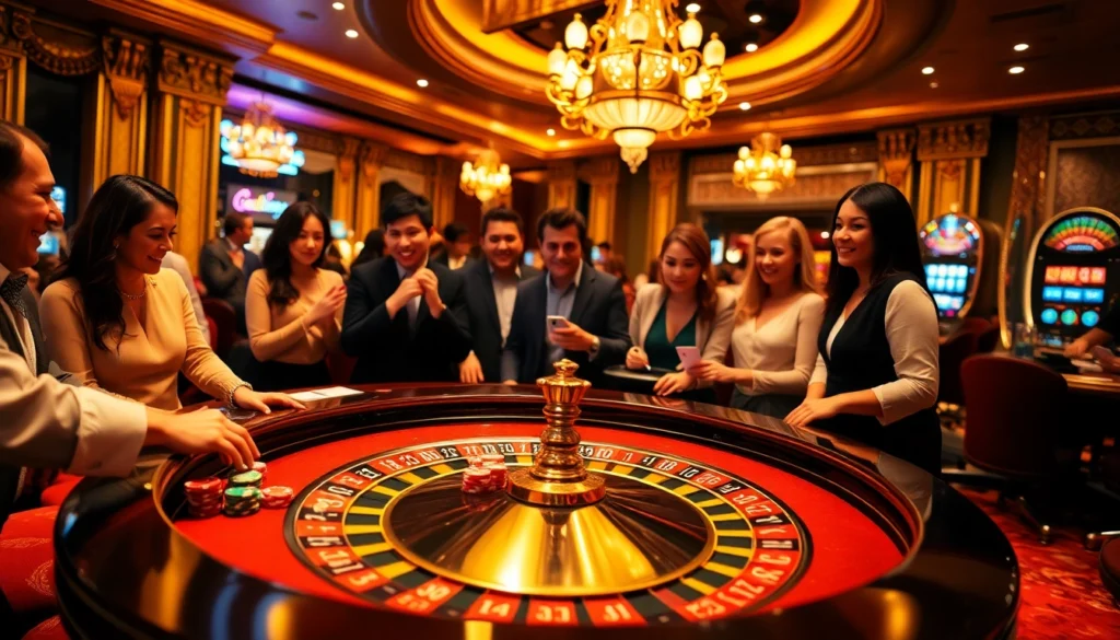 kuwin gambling scene with an exhilarating roulette table and vibrant casino activities.