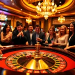 kuwin gambling scene with an exhilarating roulette table and vibrant casino activities.