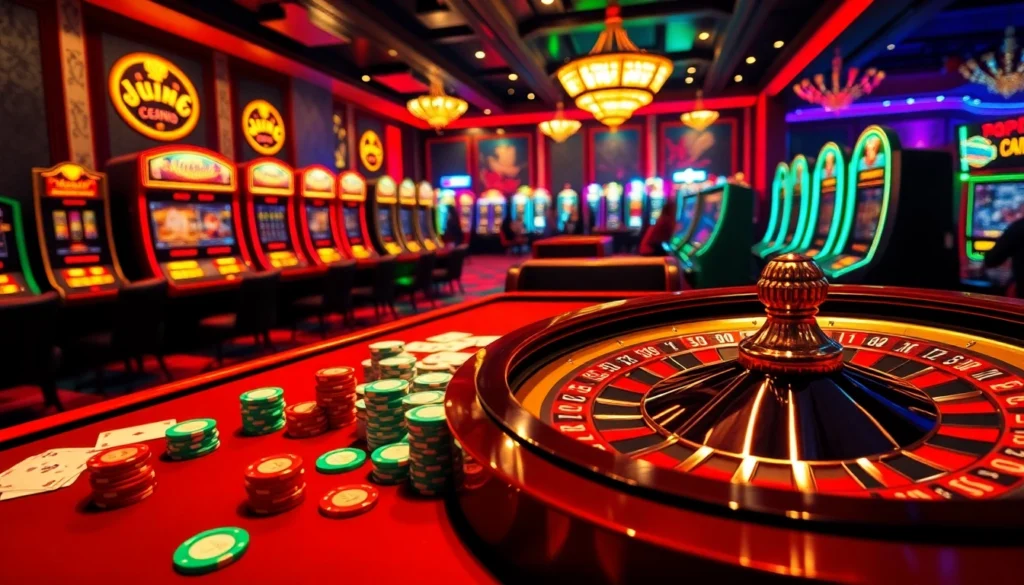 Experience the thrill of nohu52 at a vibrant casino table with glamorous poker chips and live roulette.