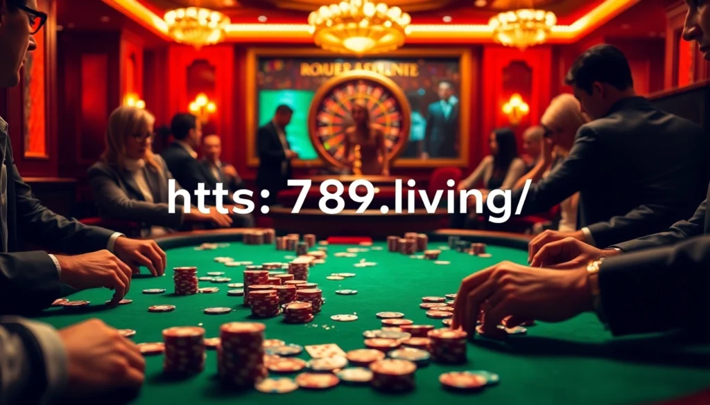 Experience high-stakes poker at 789f.living/ with chips and cards in a vibrant casino atmosphere.