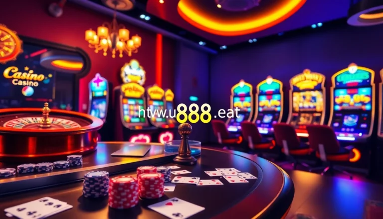 Experience the thrill of online gaming at https://u888.ae/ with vibrant casino elements like roulette wheels and slot machines.