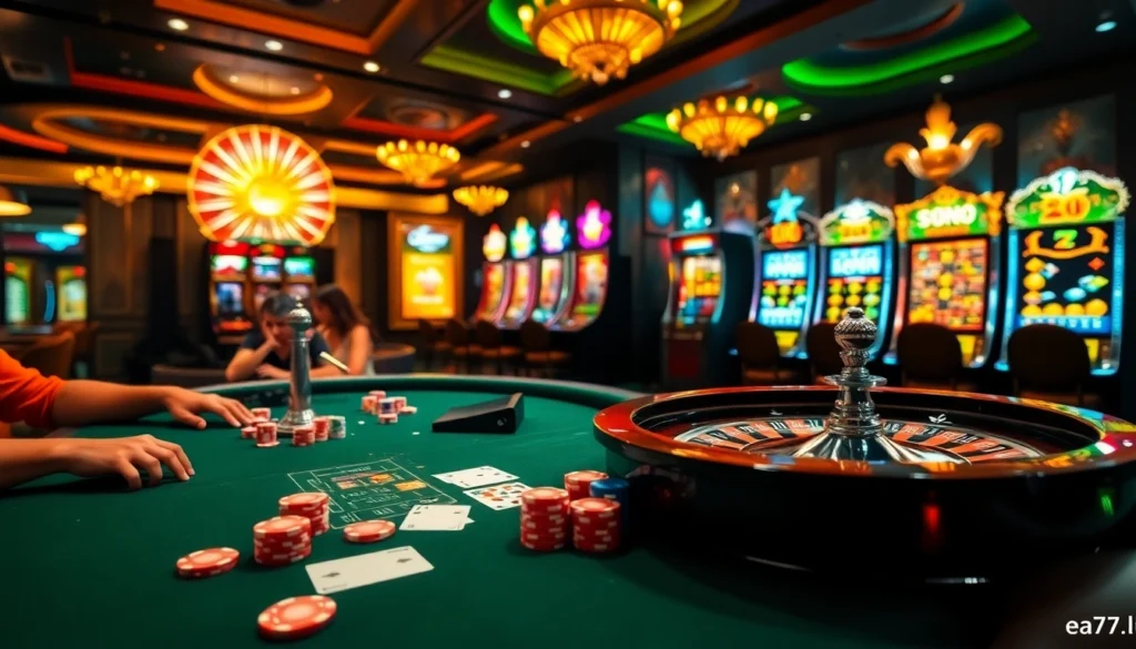 Experience the excitement of poker chips and roulette at https://ea77.lat/ in a vibrant casino setting.