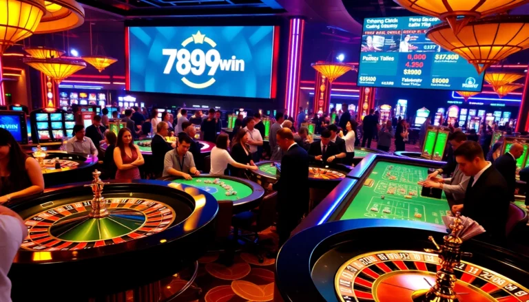 Experience a thrilling night at the 789win trang chủ chính thức casino, with players enjoying diverse gaming tables.